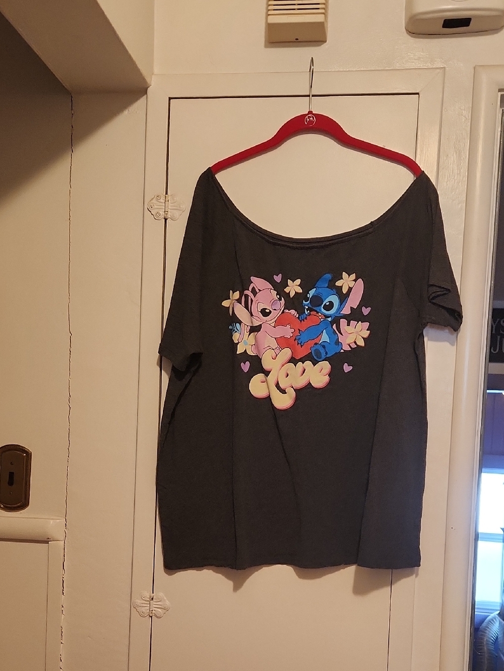 🔥Disney One Shoulder Charcoal Tee with Stitch & Angel Logo